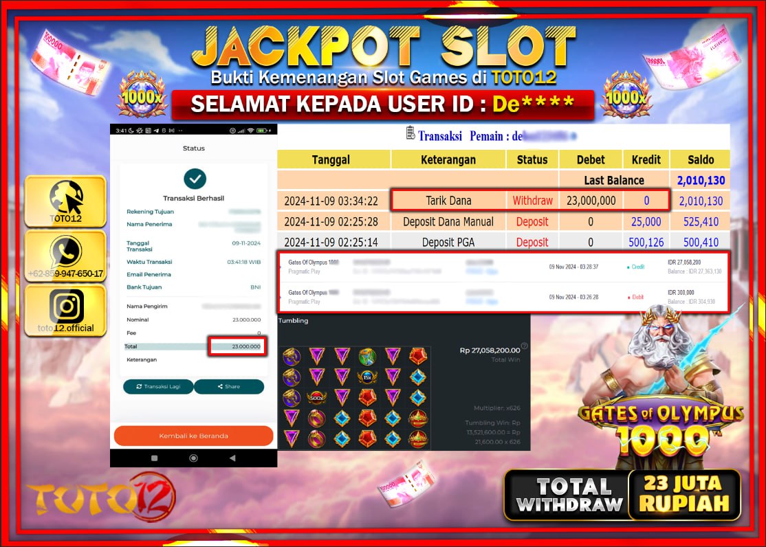 HANYA DI TOTO12 JP PASTI DI BAYAR LUNAS DAN CEPAT!!!!!! JACKPOT SLOT GAME (GATES OF OLYMPUS 1000) Rp.23.000.000 !!!!