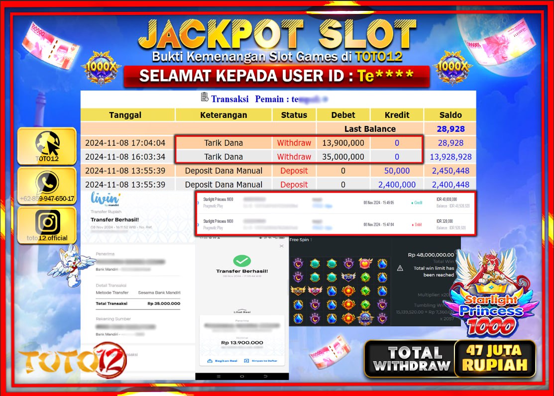 HANYA DI TOTO12 JP PASTI DI BAYAR LUNAS DAN CEPAT!!!!!! JACKPOT SLOT GAME (STARLIGHT PRINCESS 1000) Rp.47.000.000 !!!!