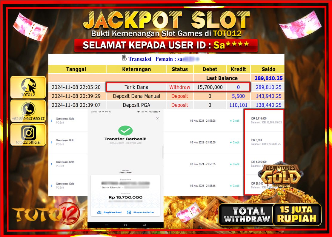 HANYA DI TOTO12 JP PASTI DI BAYAR LUNAS DAN CEPAT!!!!!! JACKPOT SLOT GAME (GAMSTONES GOLD) Rp.15.000.000 !!!!
