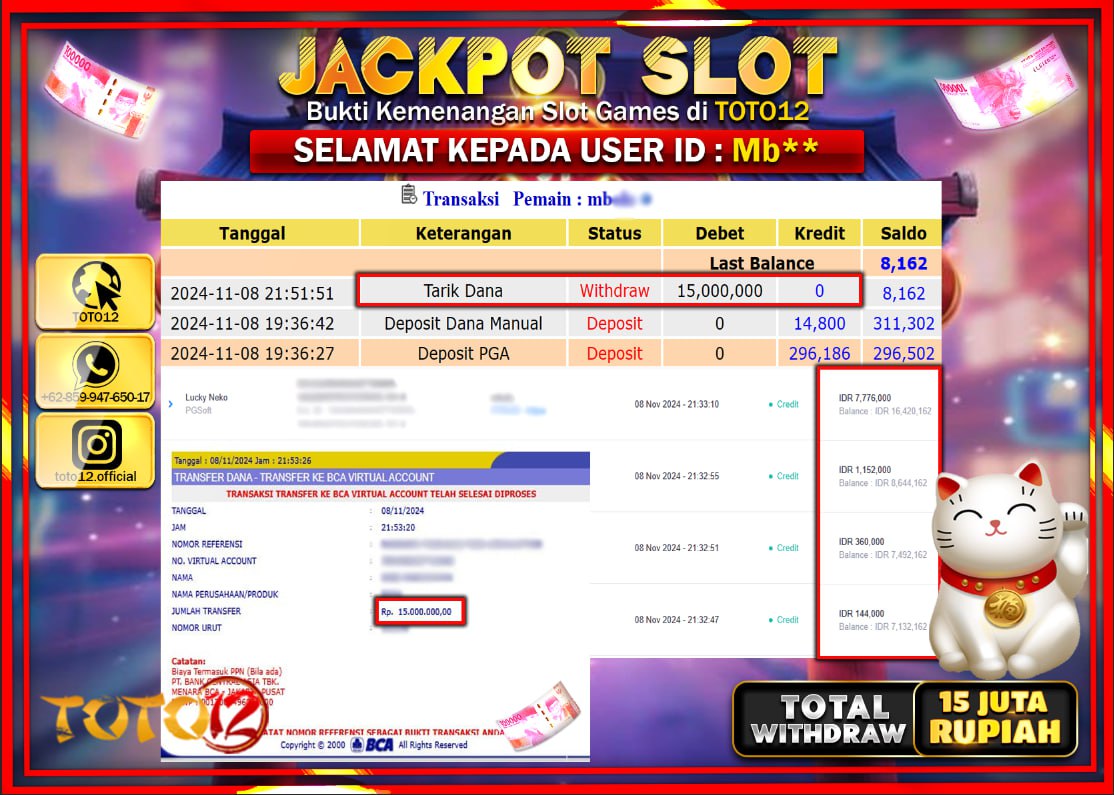 HANYA DI TOTO12 JP PASTI DI BAYAR LUNAS DAN CEPAT!!!!!! JACKPOT SLOT GAME (LUCKY NEKO) Rp.15.000.000 !!!!