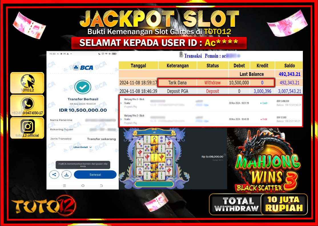 HANYA DI TOTO12 JP PASTI DI BAYAR LUNAS DAN CEPAT!!!!!! JACKPOT SLOT GAME (MAHJONG WINS BLACK SCATTER) Rp.10.000.000 !!!!