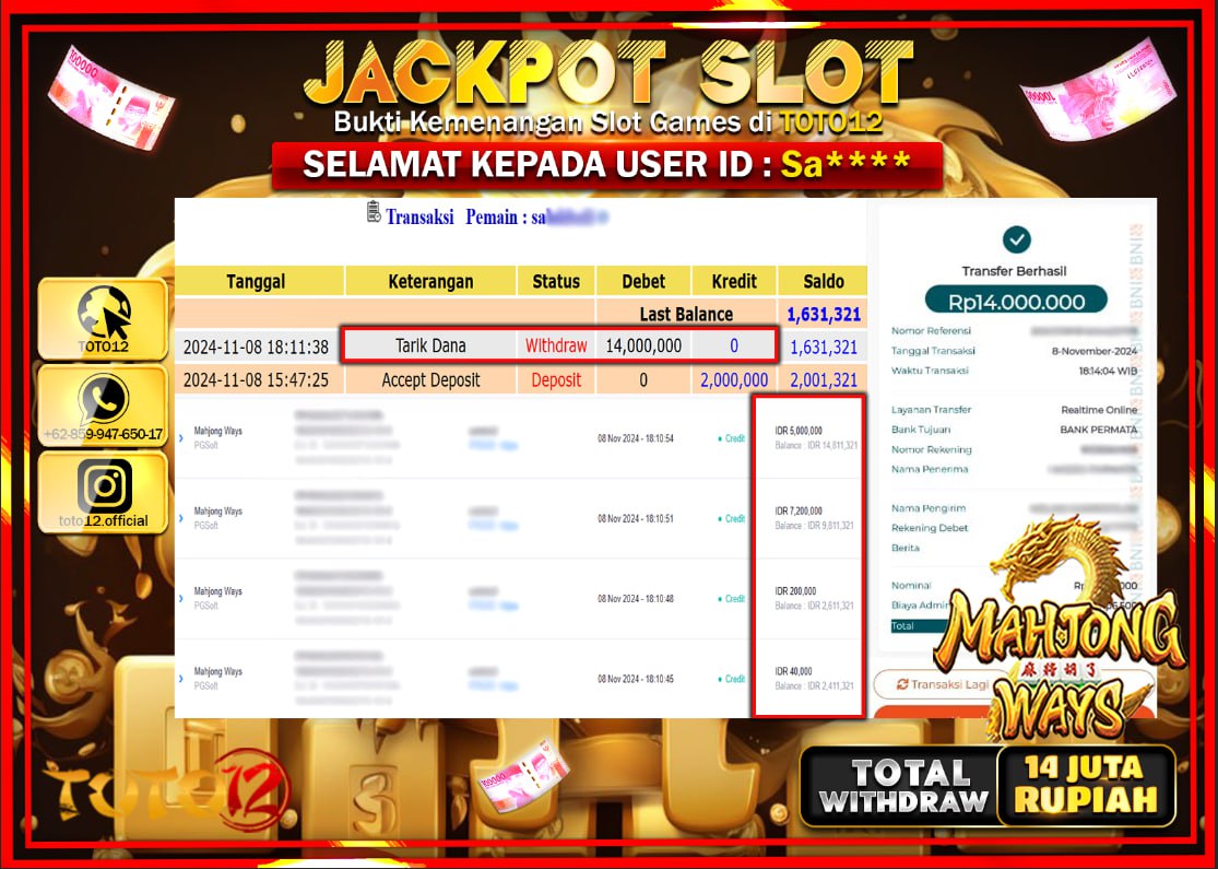 HANYA DI TOTO12 JP PASTI DI BAYAR LUNAS DAN CEPAT!!!!!! JACKPOT SLOT GAME (MAHJONG WAYS) Rp.14.000.000 !!!!