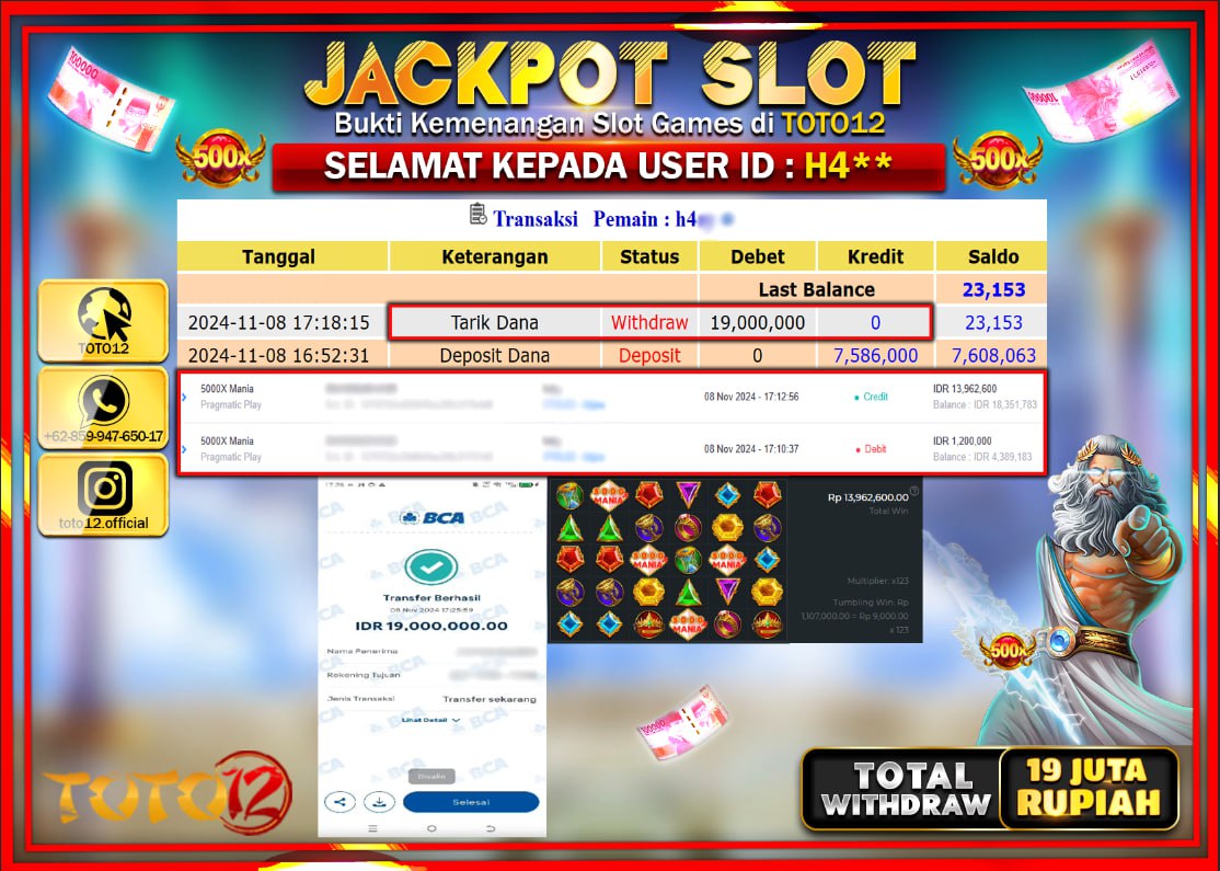 HANYA DI TOTO12 JP PASTI DI BAYAR LUNAS DAN CEPAT!!!!!! JACKPOT SLOT GAME (15.000X MANIA) Rp.19.000.000 !!!!