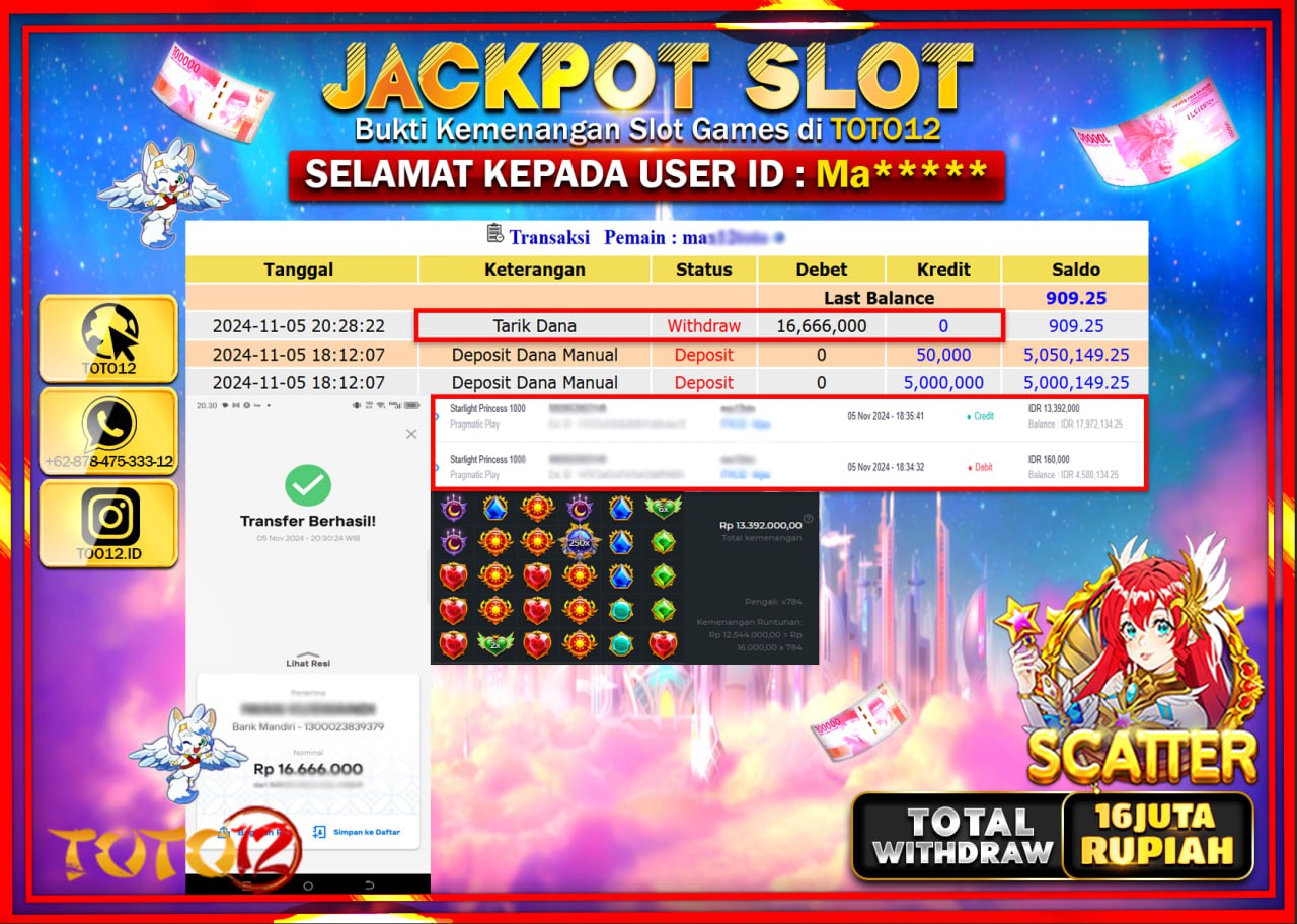 HANYA DI TOTO12 JP PASTI DI BAYAR LUNAS DAN CEPAT!!!!!! JACKPOT SLOT GAME (STARLIGHT PRINCESS 1000) Rp.16.000.000 !!!!