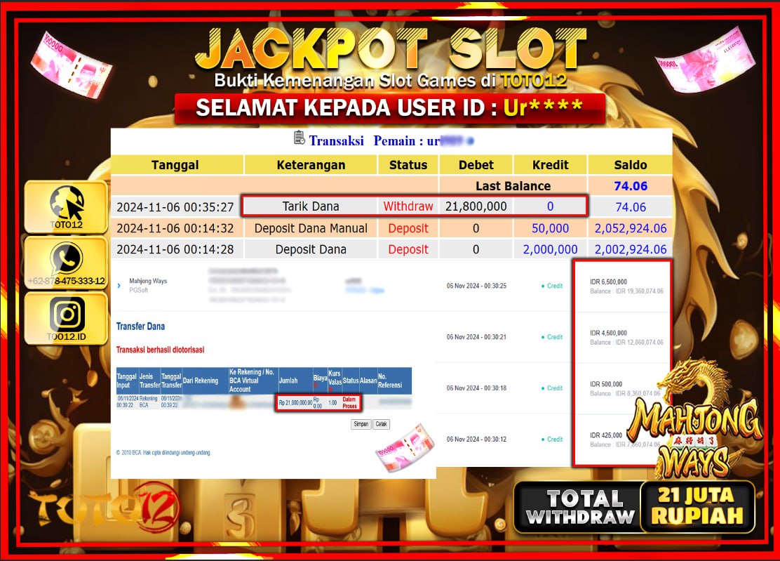 HANYA DI TOTO12 JP PASTI DI BAYAR LUNAS DAN CEPAT!!!!!! JACKPOT SLOT GAME (MAHJONG WAYS) Rp.21.000.000 !!!!