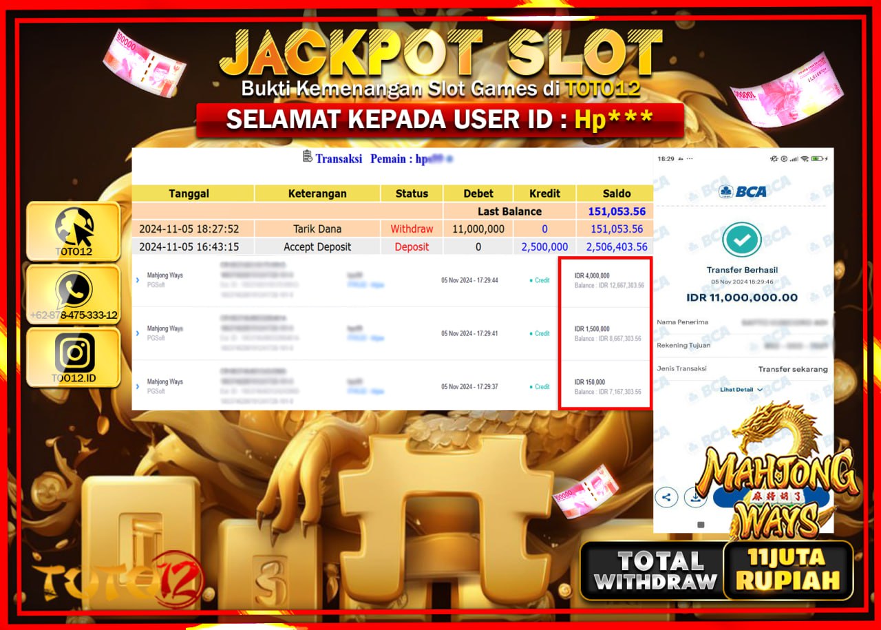 HANYA DI TOTO12 JP PASTI DI BAYAR LUNAS DAN CEPAT!!!!!! JACKPOT SLOT GAME (MAHJONG WAYS) Rp.11.000.000 !!!!