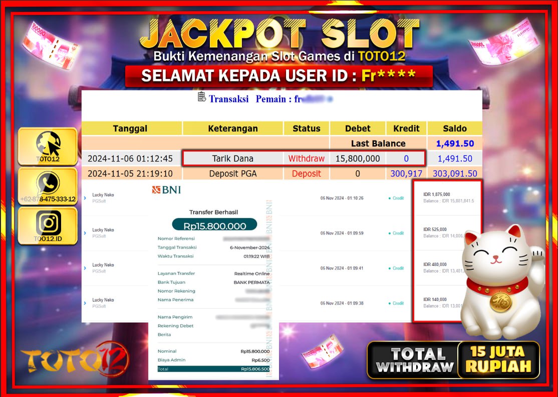 HANYA DI TOTO12 JP PASTI DI BAYAR LUNAS DAN CEPAT!!!!!! JACKPOT SLOT GAME (LUCKY NEKO) Rp.15.000.000 !!!!