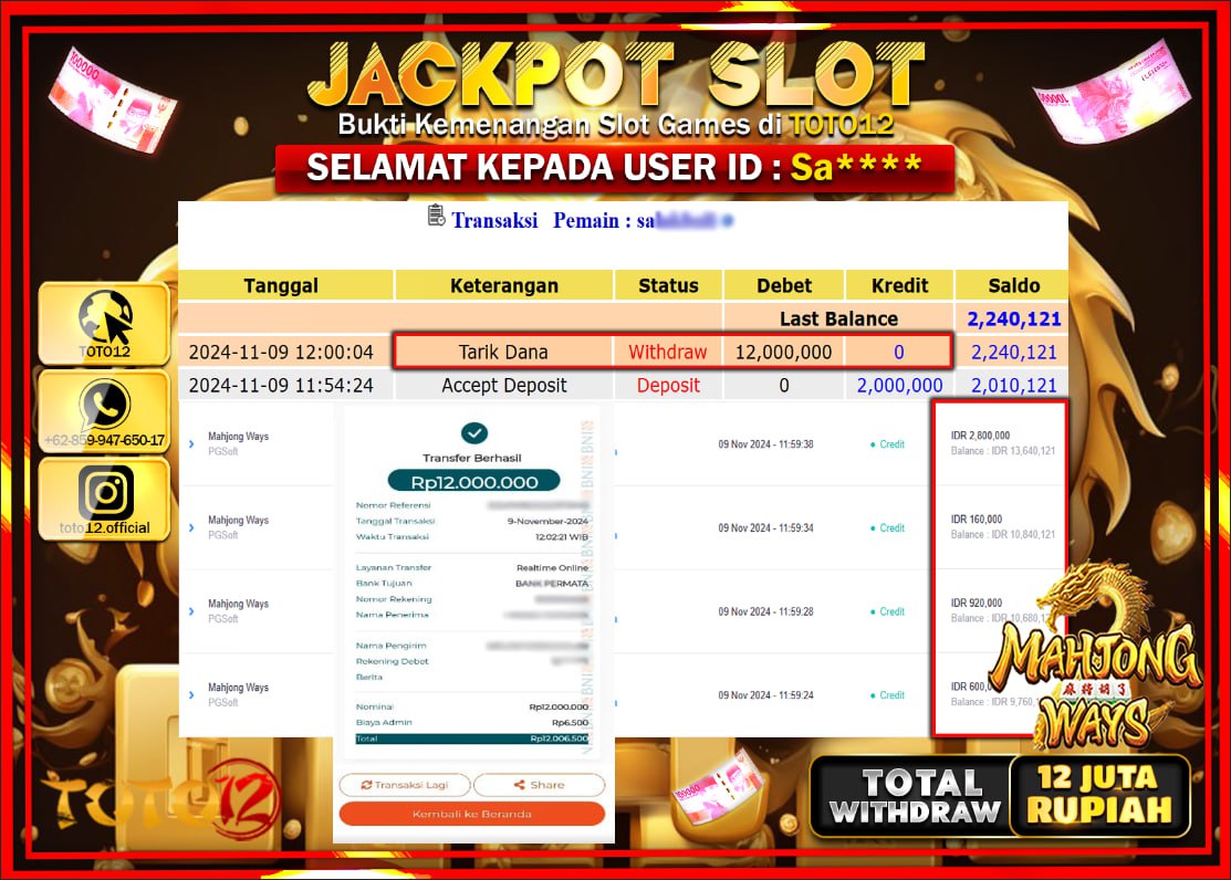 HANYA DI TOTO12 JP PASTI DI BAYAR LUNAS DAN CEPAT!!!!!! JACKPOT SLOT GAME (MAHJONG WAYS) Rp.12.000.000 !!!!