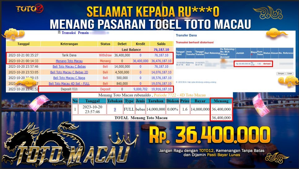 HANYA DI TOTO12 JP PASTI DI BAYAR LUNAS DAN CEPAT!!!!!! JP TOGEL TOTO MACAU Rp 36,400,000 !!!!!!
