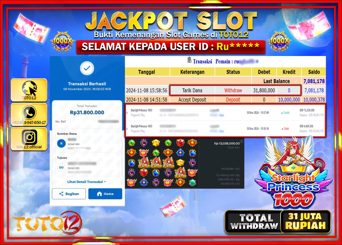 HANYA DI TOTO12 JP PASTI DI BAYAR LUNAS DAN CEPAT!!!!!! JACKPOT SLOT GAME (STARLIGHT PRINCESS 1000) Rp.31.000.000 !!!!