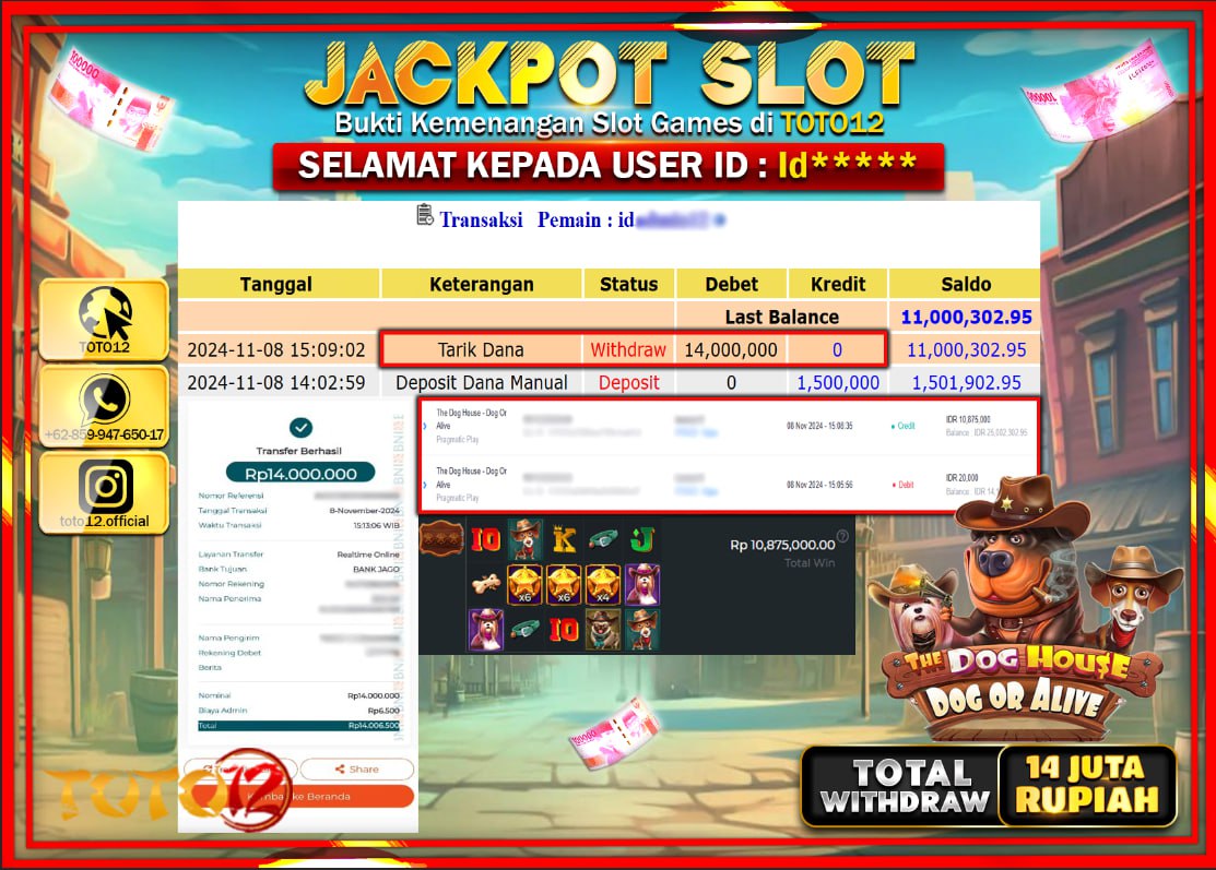 HANYA DI TOTO12 JP PASTI DI BAYAR LUNAS DAN CEPAT!!!!!! JACKPOT SLOT GAME (THE DOG HOUSE DOG OR ALIVE) Rp.14.000.000 !!!!