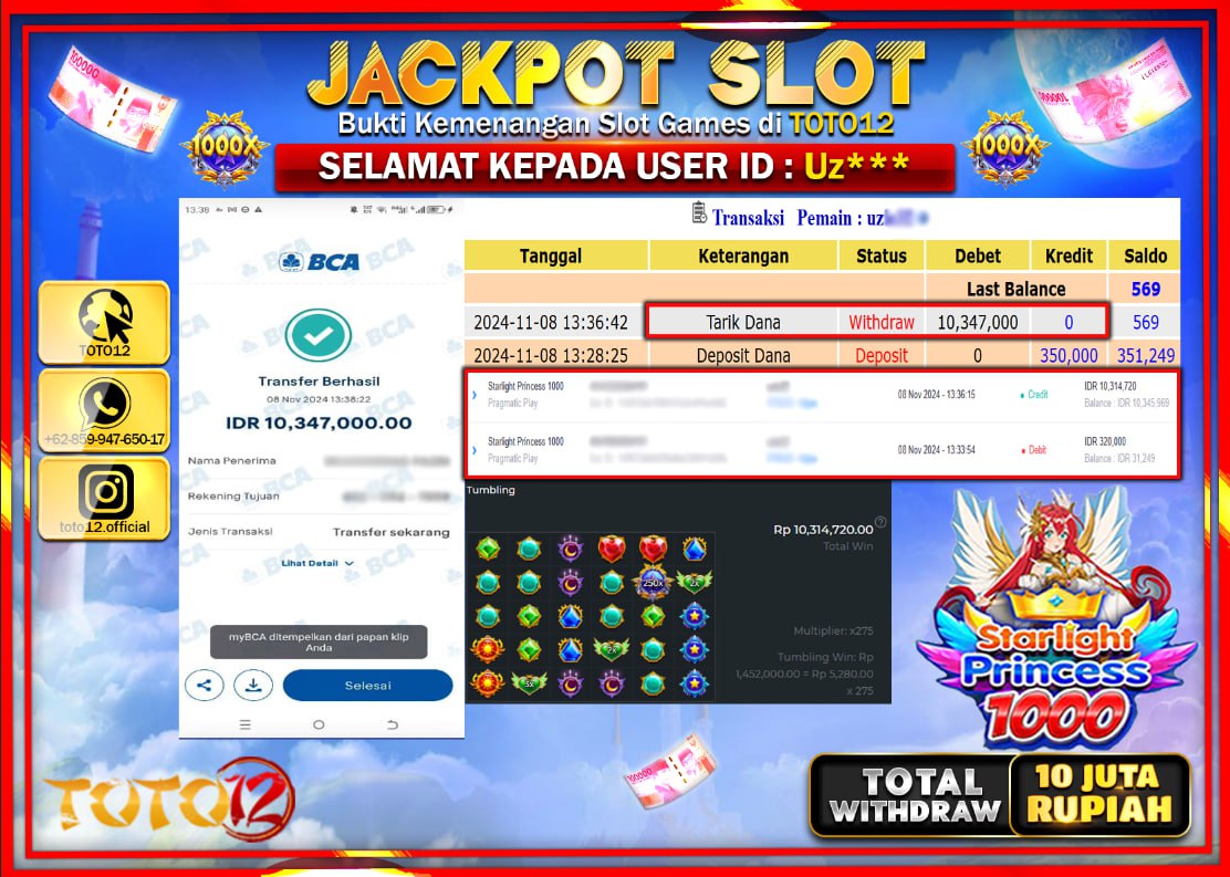 HANYA DI TOTO12 JP PASTI DI BAYAR LUNAS DAN CEPAT!!!!!! JACKPOT SLOT GAME (STARLIGHT PRINCESS 1000) Rp.10.000.000 !!!!