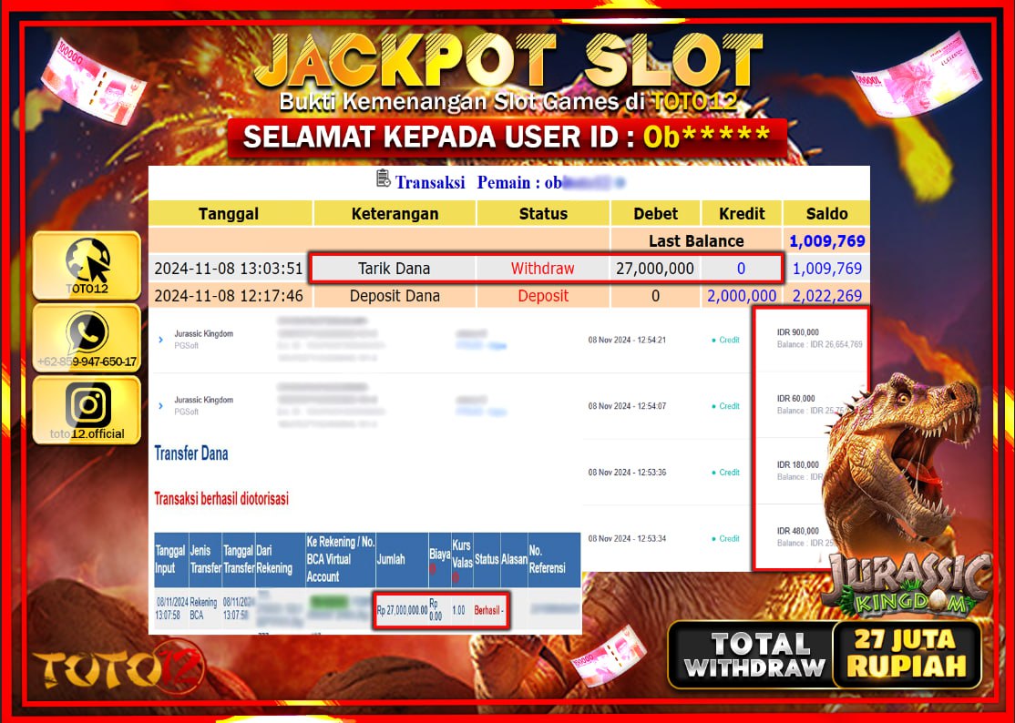 HANYA DI TOTO12 JP PASTI DI BAYAR LUNAS DAN CEPAT!!!!!! JACKPOT SLOT GAME (JURASSIC KONGDOM) Rp.27.000.000 !!!!