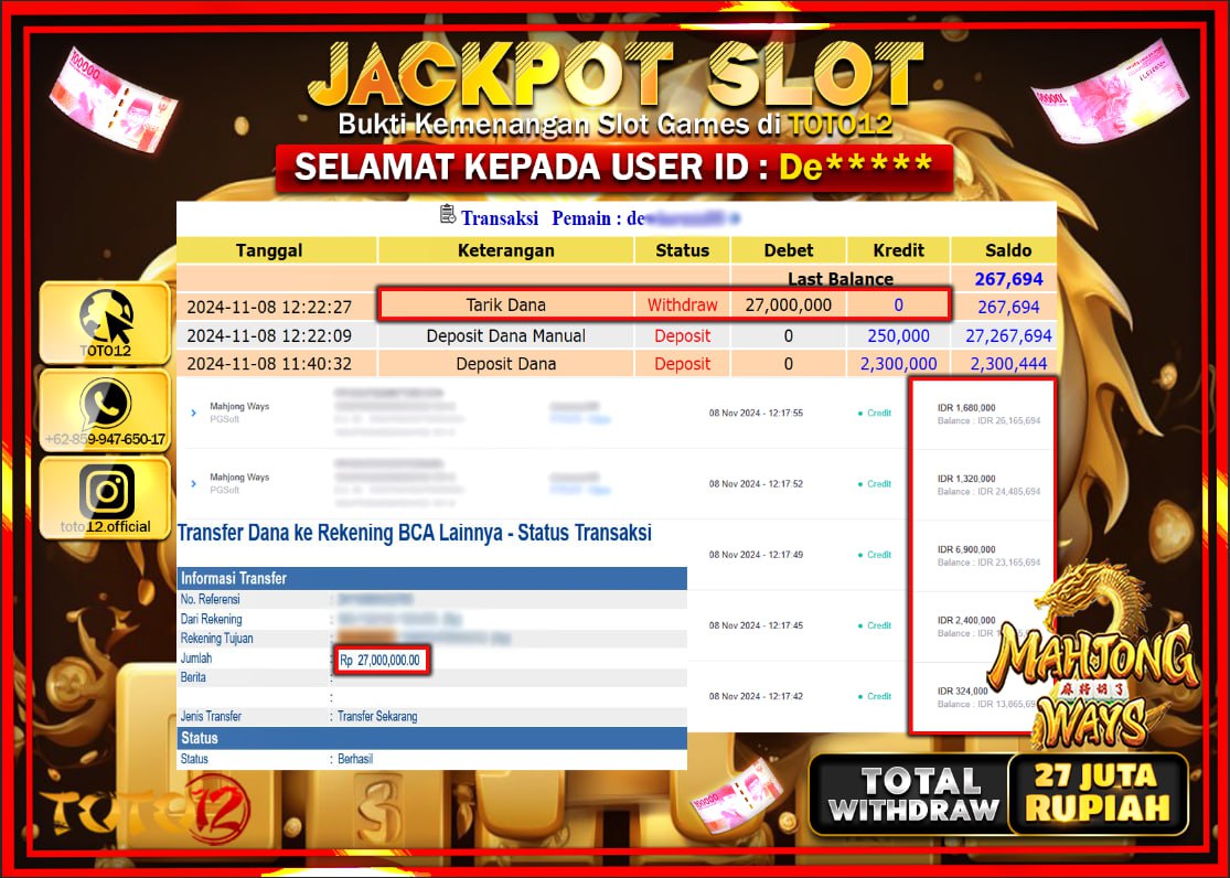 HANYA DI TOTO12 JP PASTI DI BAYAR LUNAS DAN CEPAT!!!!!! JACKPOT SLOT GAME (MAHJONG WAYS) Rp.27.000.000 !!!!