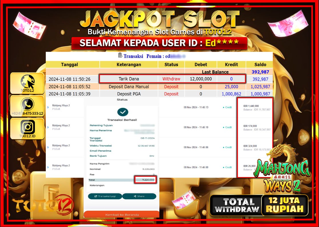 HANYA DI TOTO12 JP PASTI DI BAYAR LUNAS DAN CEPAT!!!!!! JACKPOT SLOT GAME (MAHJONG WAYS 2) Rp.12.000.000 !!!!