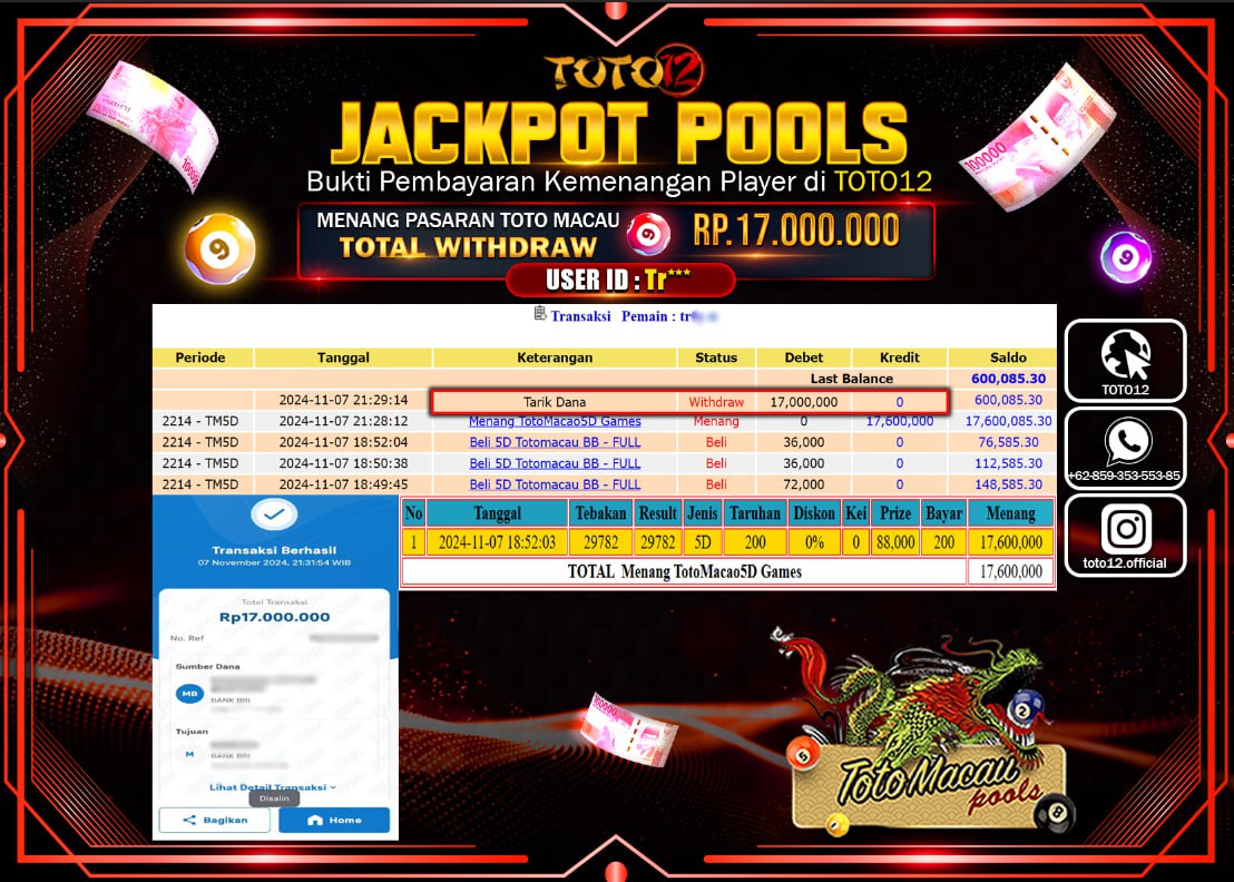 HANYA DI TOTO12 JP PASTI DI BAYAR LUNAS DAN CEPAT!!!!!! JACKPOT POOLS PASARAN (TOTO MACAU 5D) Rp.17.000.000 !!!!