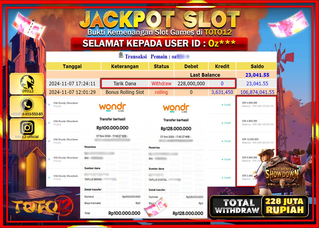 HANYA DI TOTO12 JP PASTI DI BAYAR LUNAS DAN CEPAT!!!!!! JACKPOT SLOT GAME (WILD BOUNTY SHOWDOWN) Rp.228.000.000 !!!!