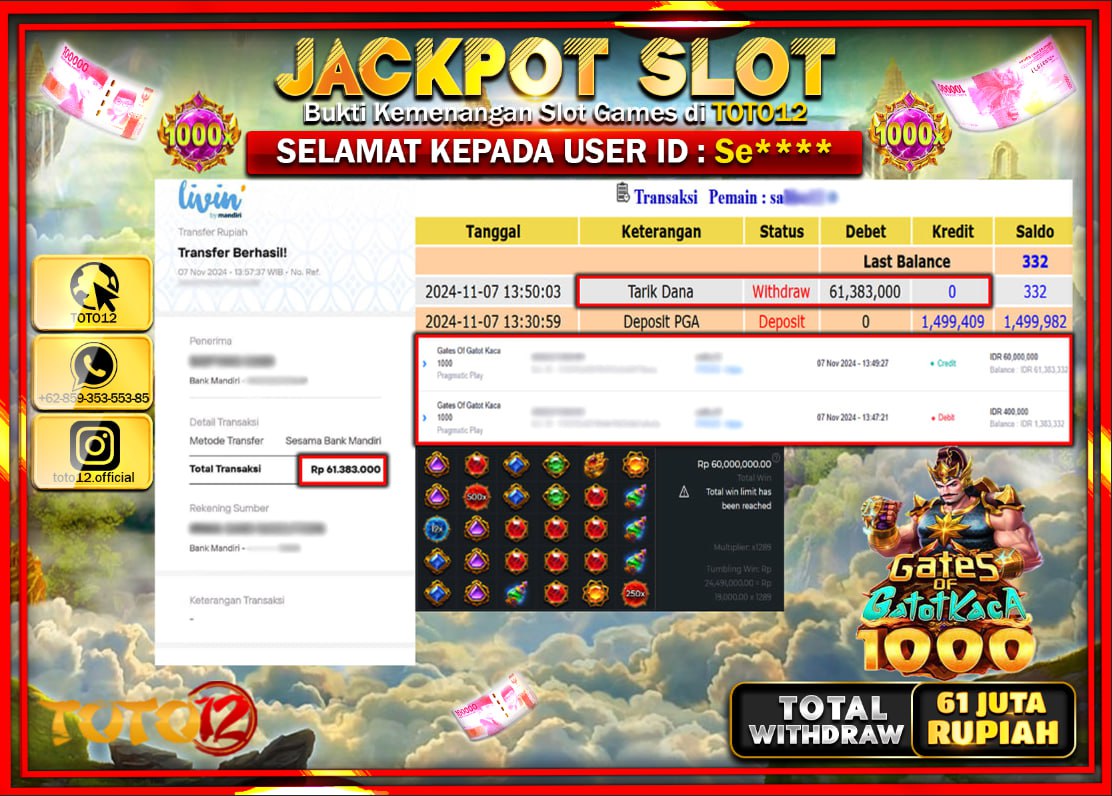 HANYA DI TOTO12 JP PASTI DI BAYAR LUNAS DAN CEPAT!!!!!! JACKPOT SLOT GAME (GATES OF GATOT KACA 1000) Rp.61.000.000 !!!!