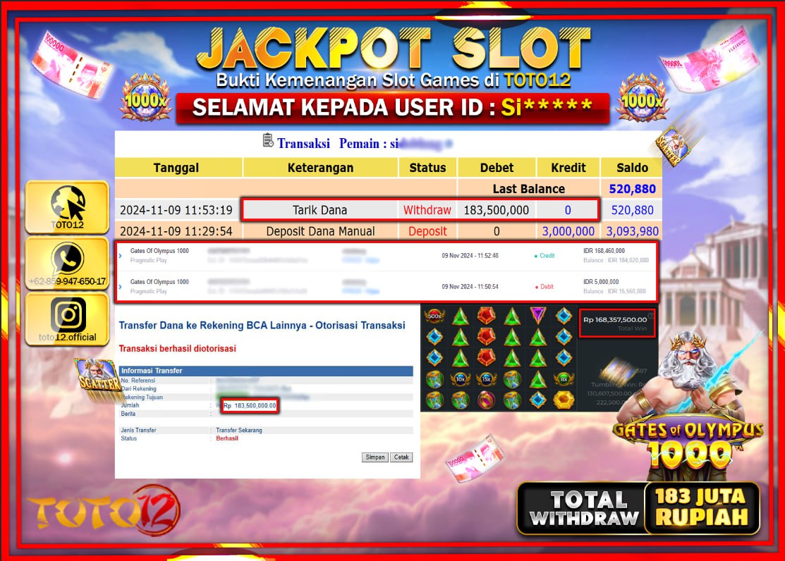 HANYA DI TOTO12 JP PASTI DI BAYAR LUNAS DAN CEPAT!!!!!! JACKPOT SLOT GAME (GATES OF OLYMPUS 1000) Rp.183.000.000 !!!!