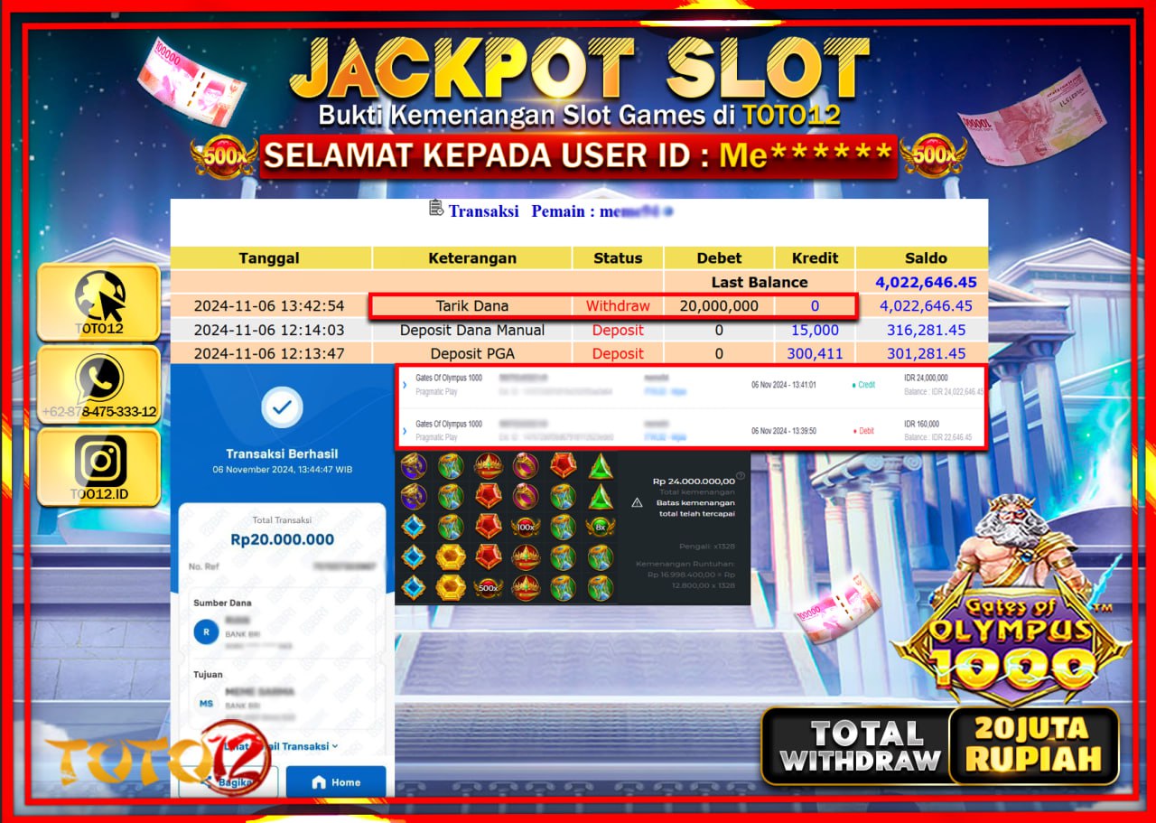 HANYA DI TOTO12 JP PASTI DI BAYAR LUNAS DAN CEPAT!!!!!! JACKPOT SLOT GAME (GATES OF OLYMPUS 1000) Rp.20.000.000 !!!!