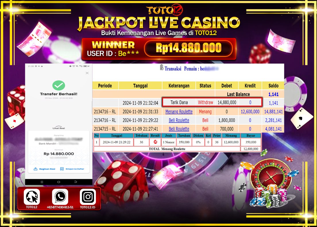 HANYA DI TOTO12 JP PASTI DI BAYAR LUNAS DAN CEPAT!!!!!! JACKPOT LIVE GAME CASINO (ROULETTE) Rp.14.880.000 !!!!