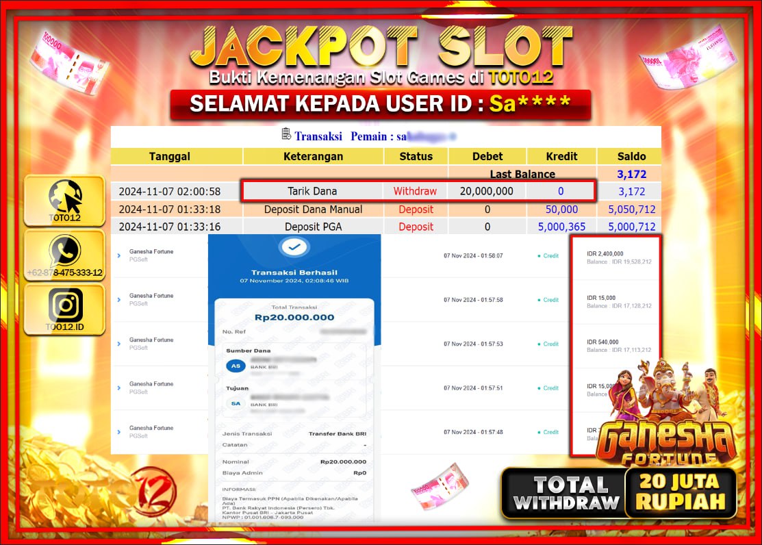 HANYA DI TOTO12 JP PASTI DI BAYAR LUNAS DAN CEPAT!!!!!! JACKPOT SLOT GAME (GANESHA FORTUNE) Rp.20.000.000 !!!!
