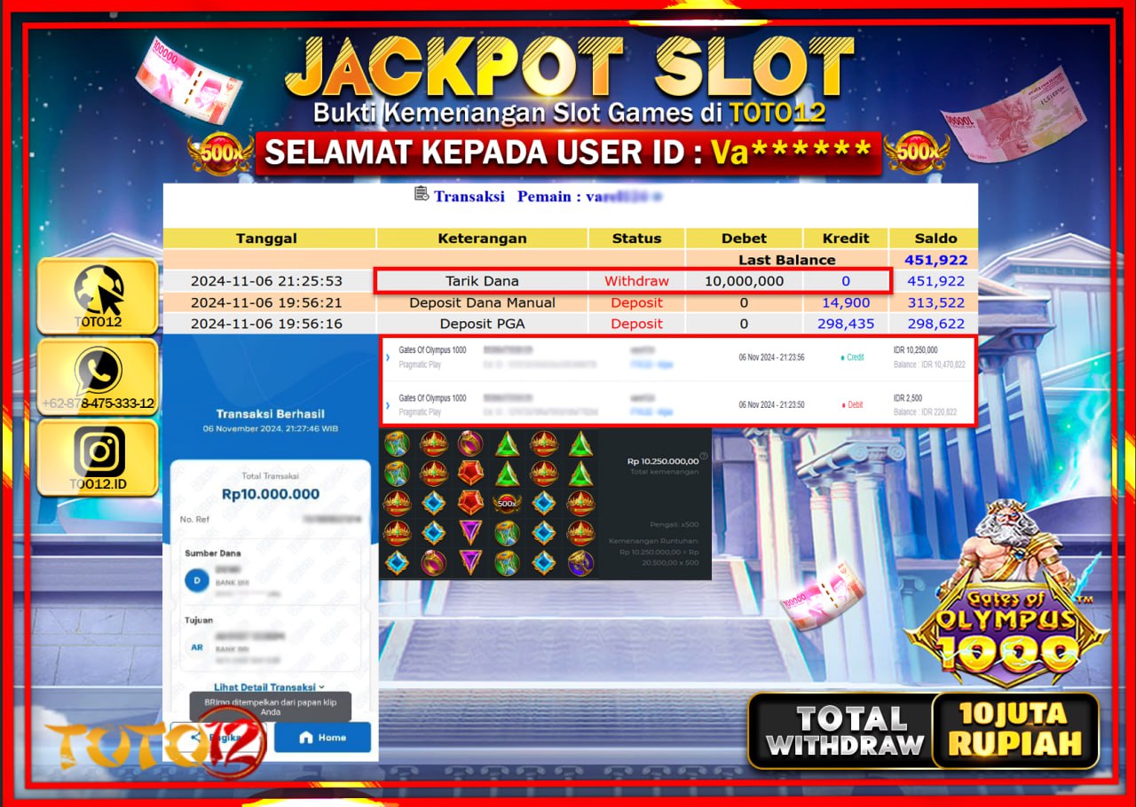 HANYA DI TOTO12 JP PASTI DI BAYAR LUNAS DAN CEPAT!!!!!! JACKPOT SLOT GAME (GATES OF OLYMPUS 1000) Rp.10.000.000 !!!!