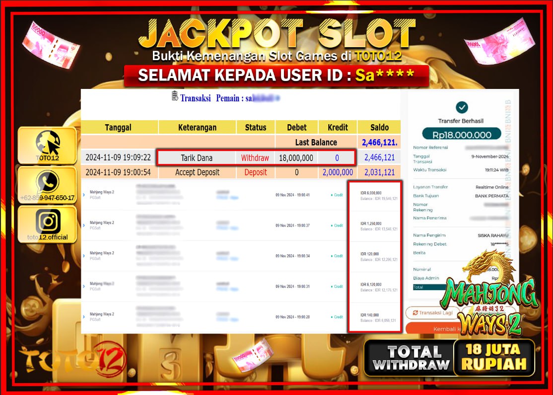 HANYA DI TOTO12 JP PASTI DI BAYAR LUNAS DAN CEPAT!!!!!! JACKPOT SLOT GAME (MAHJONG WAYS 2) Rp.18.000.000 !!!!
