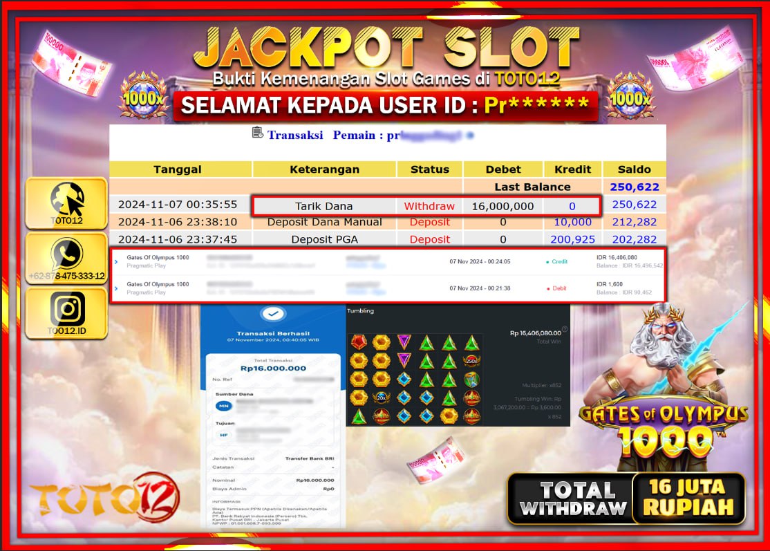 HANYA DI TOTO12 JP PASTI DI BAYAR LUNAS DAN CEPAT!!!!!! JACKPOT SLOT GAME (GATES OF OLYMPUS 1000) Rp.16.000.000 !!!!