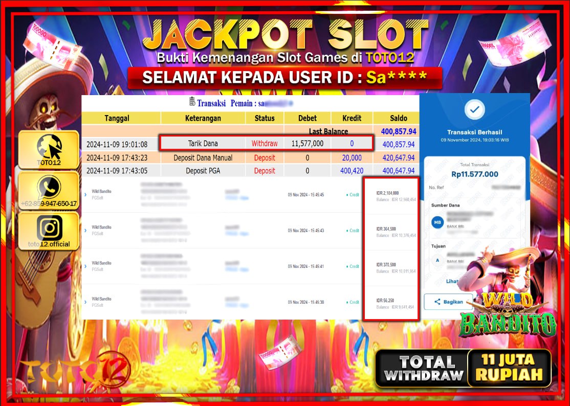 HANYA DI TOTO12 JP PASTI DI BAYAR LUNAS DAN CEPAT!!!!!! JACKPOT SLOT GAME (WILD BANDITO) Rp.11.000.000 !!!!