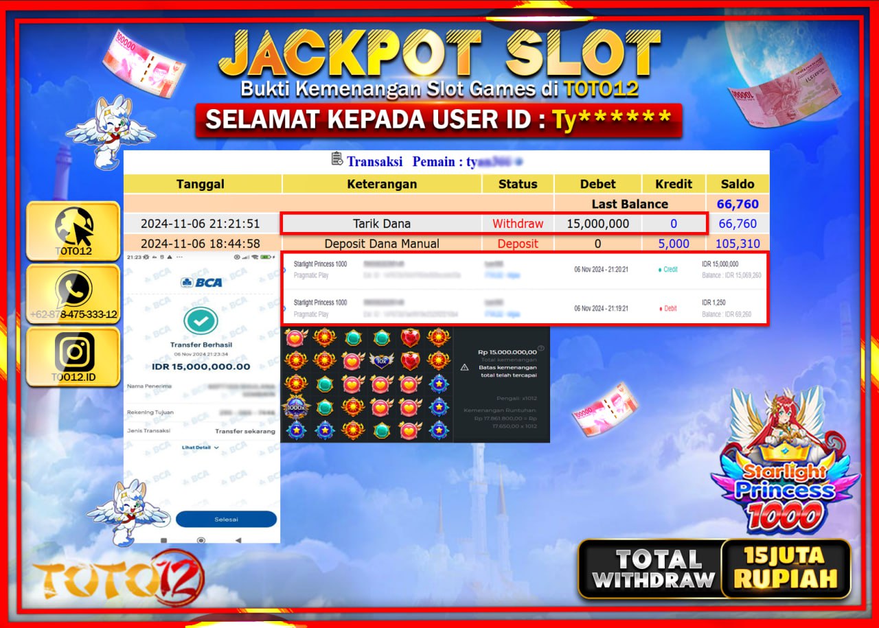 HANYA DI TOTO12 JP PASTI DI BAYAR LUNAS DAN CEPAT!!!!!! JACKPOT SLOT GAME (STARLLIGHT PRINCESS 1000) Rp.15.000.000 !!!!