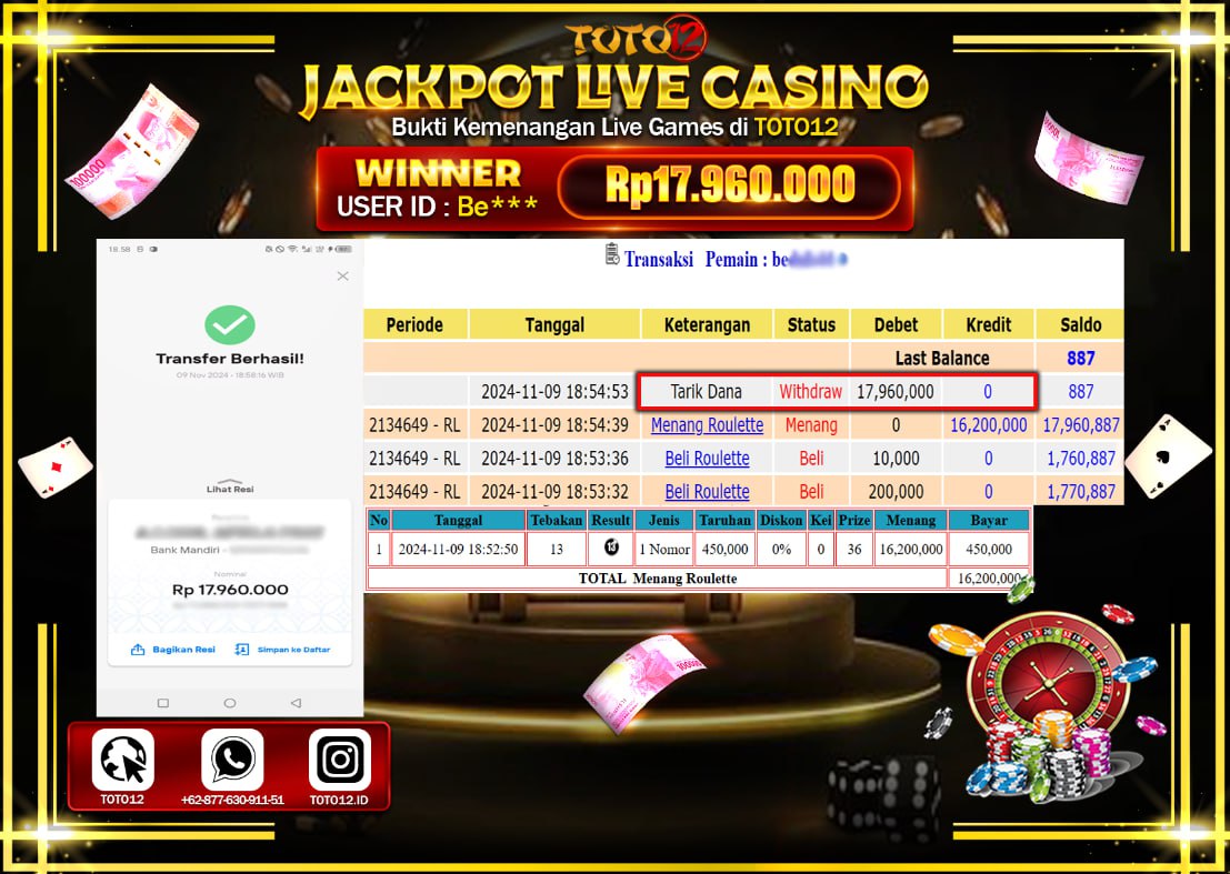 HANYA DI TOTO12 JP PASTI DI BAYAR LUNAS DAN CEPAT!!!!!! JACKPOT LIVE GEME CASINO (ROULETTE) Rp.17.960.000 !!!!