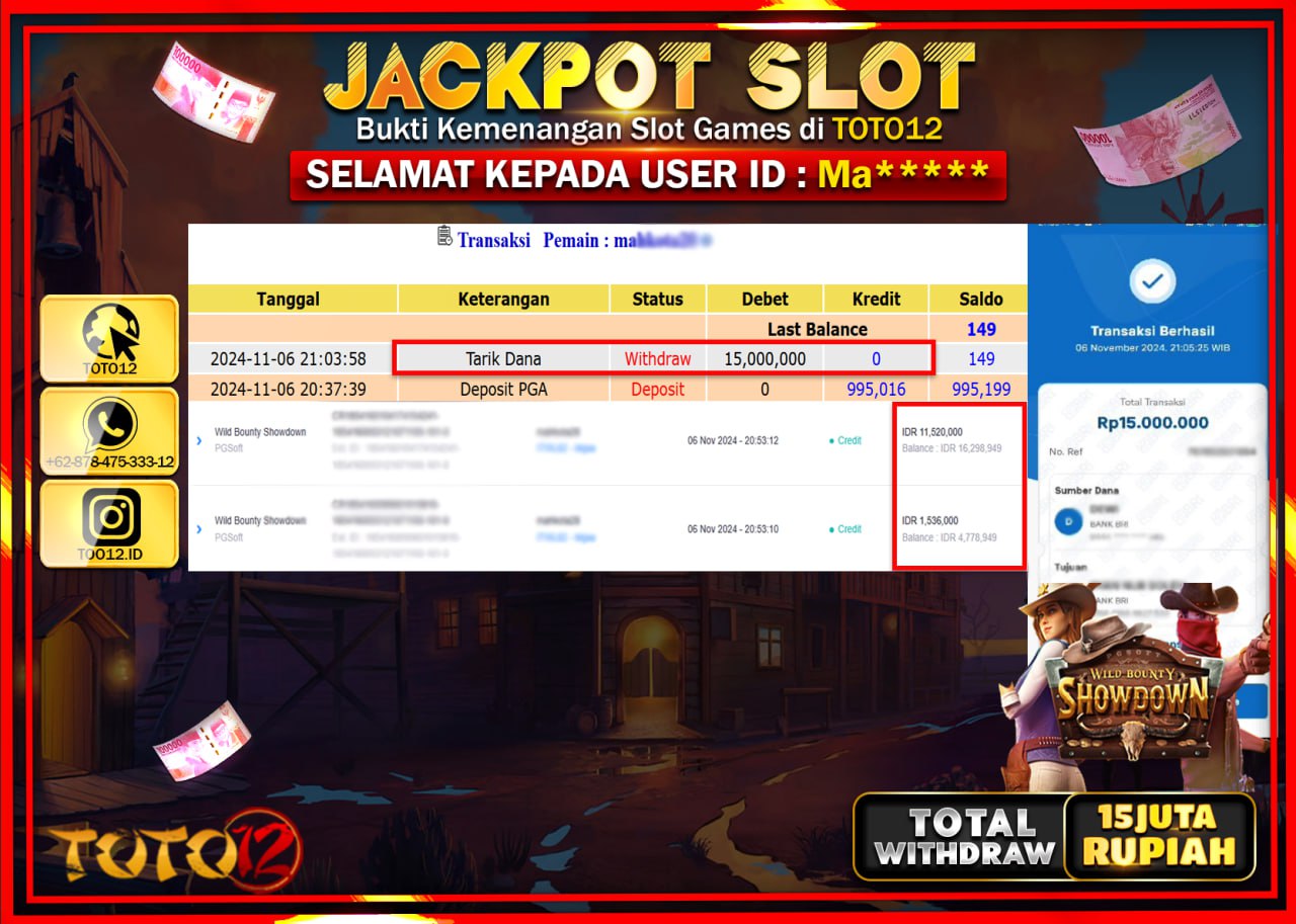 HANYA DI TOTO12 JP PASTI DI BAYAR LUNAS DAN CEPAT!!!!!! JACKPOT SLOT GAME (WILD BOUNTY SHOWDOWN) Rp.15.000.000 !!!!