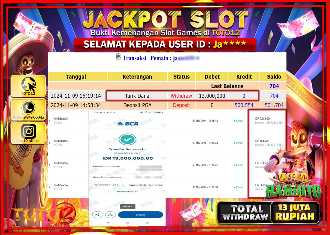 HANYA DI TOTO12 JP PASTI DI BAYAR LUNAS DAN CEPAT!!!!!! JACKPOT SLOT GAME (WILD BANDITO) Rp.13.000.000 !!!!