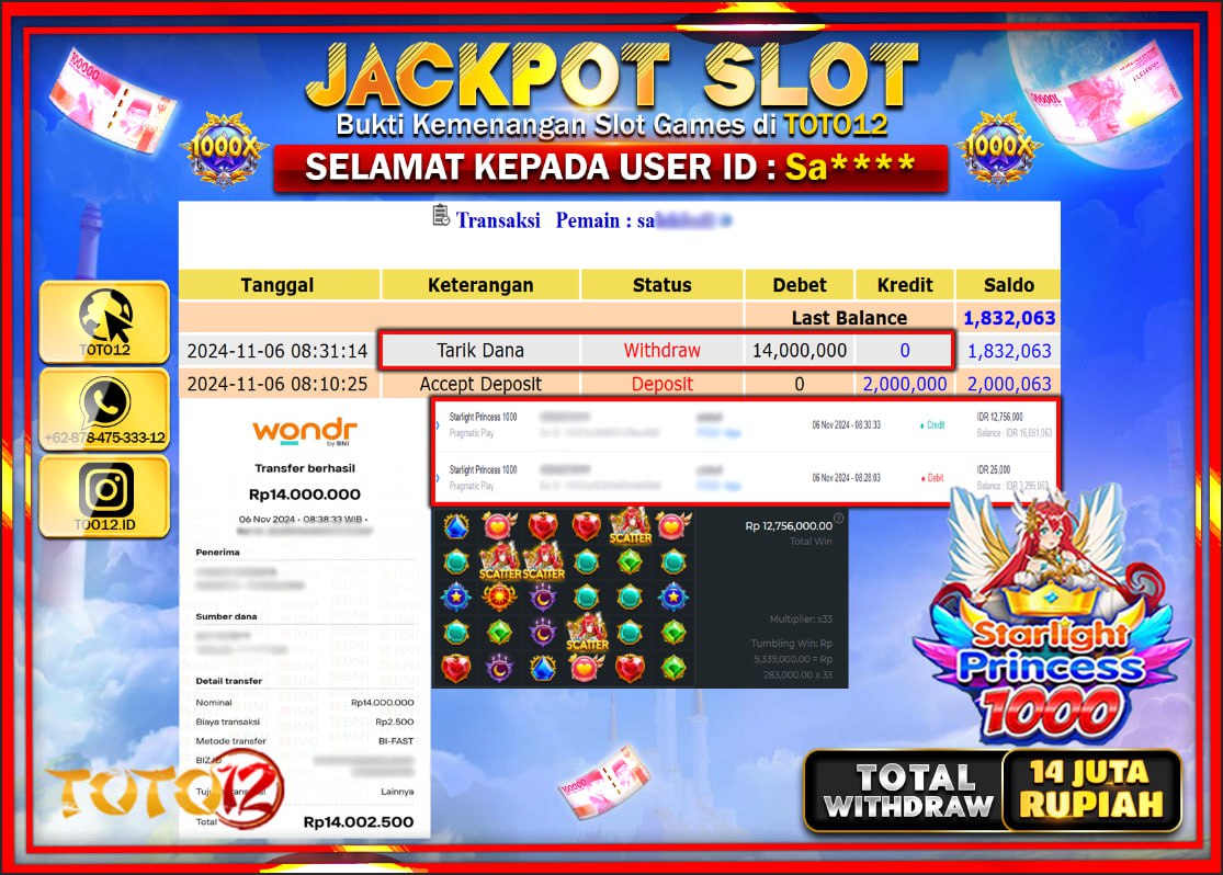 HANYA DI TOTO12 JP PASTI DI BAYAR LUNAS DAN CEPAT!!!!!! JACKPOT SLOT GAME (STARLIGHT PRINCESS 1000) Rp.14.000.000 !!!!
