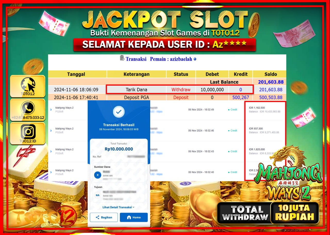 HANYA DI TOTO12 JP PASTI DI BAYAR LUNAS DAN CEPAT!!!!!! JACKPOT SLOT GAME (MAHJONG WAYS 2) Rp.10.000.000 !!!!