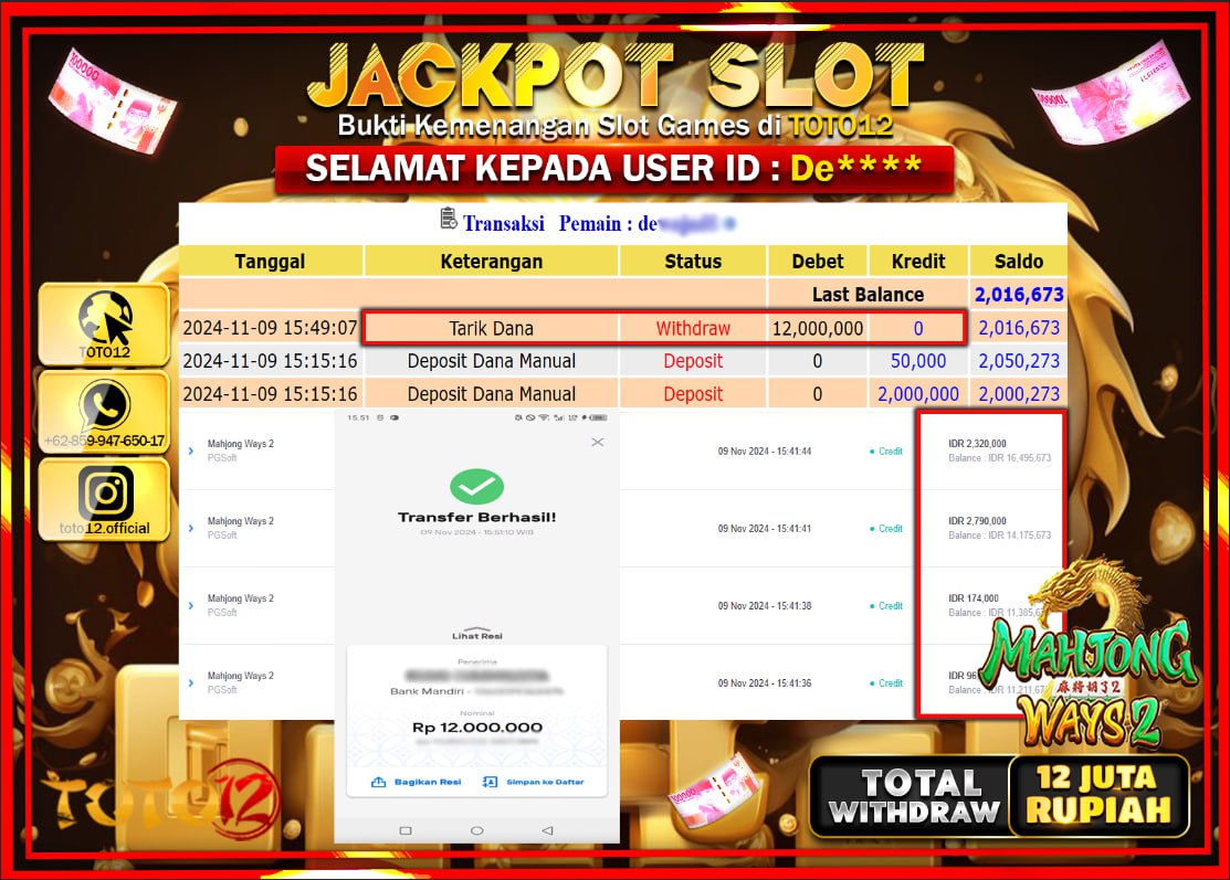HANYA DI TOTO12 JP PASTI DI BAYAR LUNAS DAN CEPAT!!!!!! JACKPOT SLOT GAME (MAHJONG WAYS 2) Rp.12.000.000 !!!!