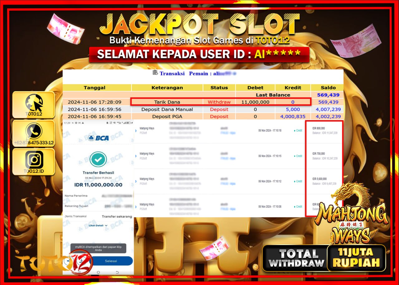 HANYA DI TOTO12 JP PASTI DI BAYAR LUNAS DAN CEPAT!!!!!! JACKPOT SLOT GAME (MAHJONG WAYS) Rp.11.000.000 !!!!