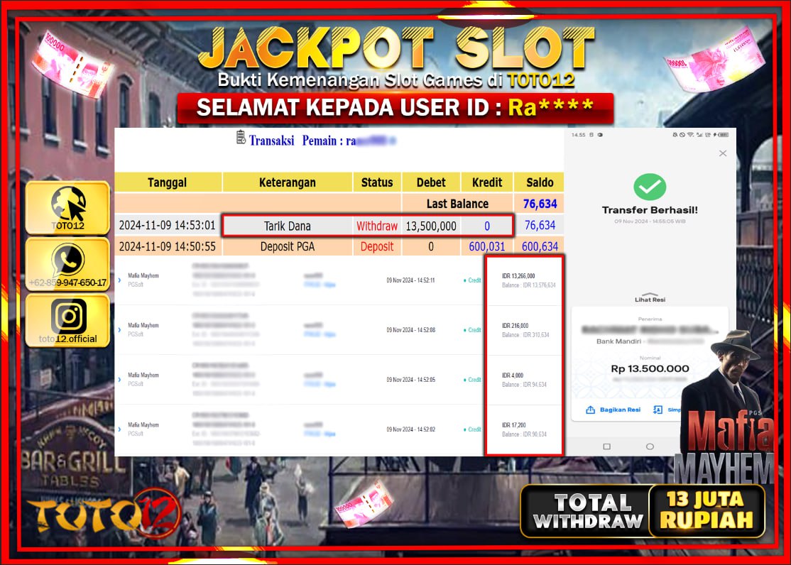 HANYA DI TOTO12 JP PASTI DI BAYAR LUNAS DAN CEPAT!!!!!! JACKPOT SLOT GAME (MAFIA MAYHEM) Rp.13.000.000 !!!!