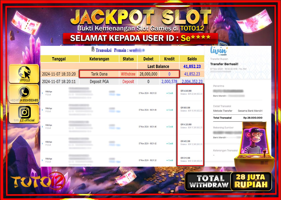 HANYA DI TOTO12 JP PASTI DI BAYAR LUNAS DAN CEPAT!!!!!! JACKPOT SLOT GAME (WILD APE) Rp.28.000.000 !!!!