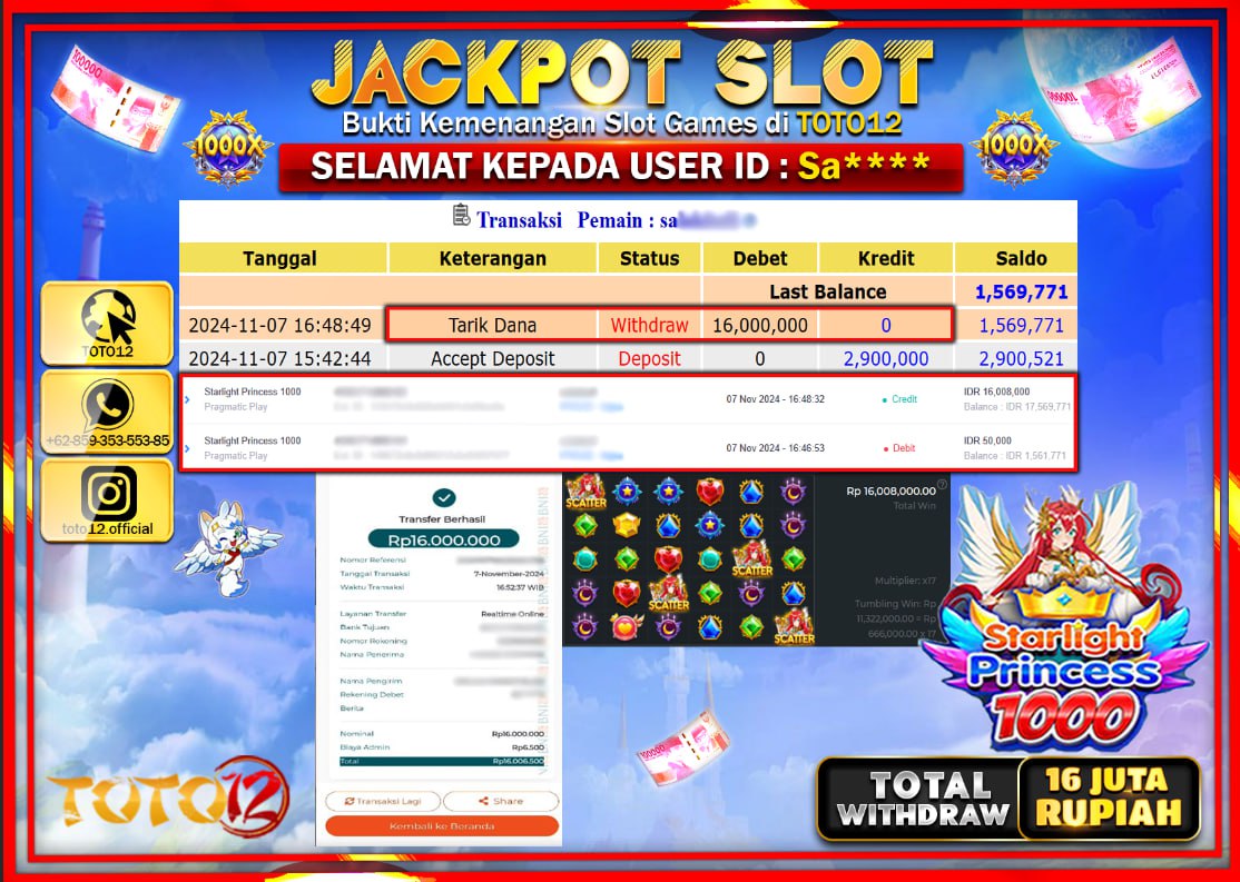 HANYA DI TOTO12 JP PASTI DI BAYAR LUNAS DAN CEPAT!!!!!! JACKPOT SLOT GAME (STARLIGHT PRINCESS 1000) Rp.16.000.000 !!!!