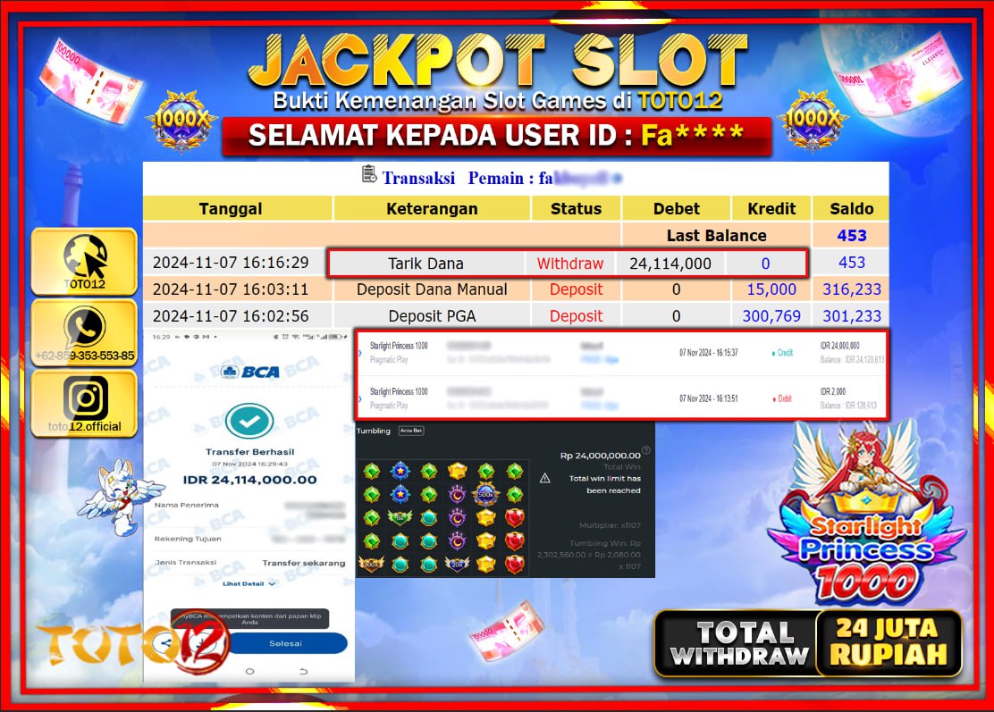 HANYA DI TOTO12 JP PASTI DI BAYAR LUNAS DAN CEPAT!!!!!! JACKPOT SLOT GAME (STARLIGHT PRINCESS 1000) Rp.24.000.000 !!!!