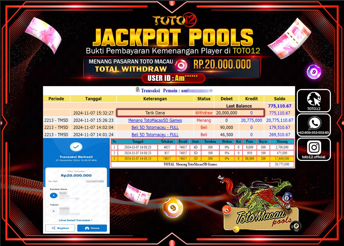 HANYA DI TOTO12 JP PASTI DI BAYAR LUNAS DAN CEPAT!!!!!! JACKPOT POOLS PASARAN (TOTO MACAU 5D) Rp.20.000.000 !!!!