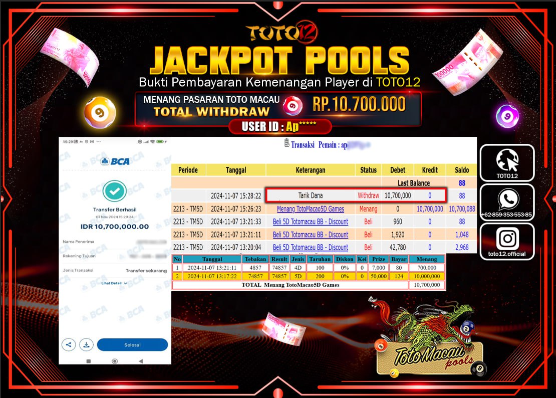 HANYA DI TOTO12 JP PASTI DI BAYAR LUNAS DAN CEPAT!!!!!! JACKPOT POOLS PASARAN (TOTO MACAU 5D) Rp.10.700.000 !!!!