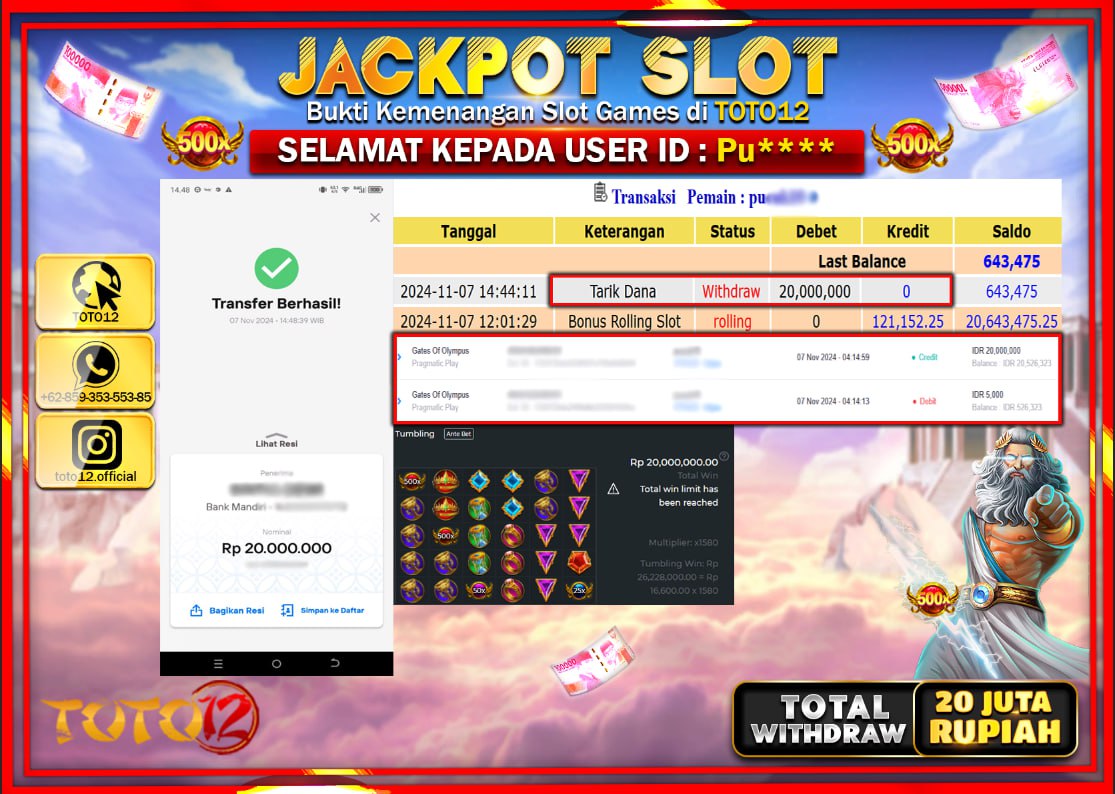 HANYA DI TOTO12 JP PASTI DI BAYAR LUNAS DAN CEPAT!!!!!! JACKPOT SLOT GAME (GATES OF OLYMPUS) Rp.20.000.000 !!!!