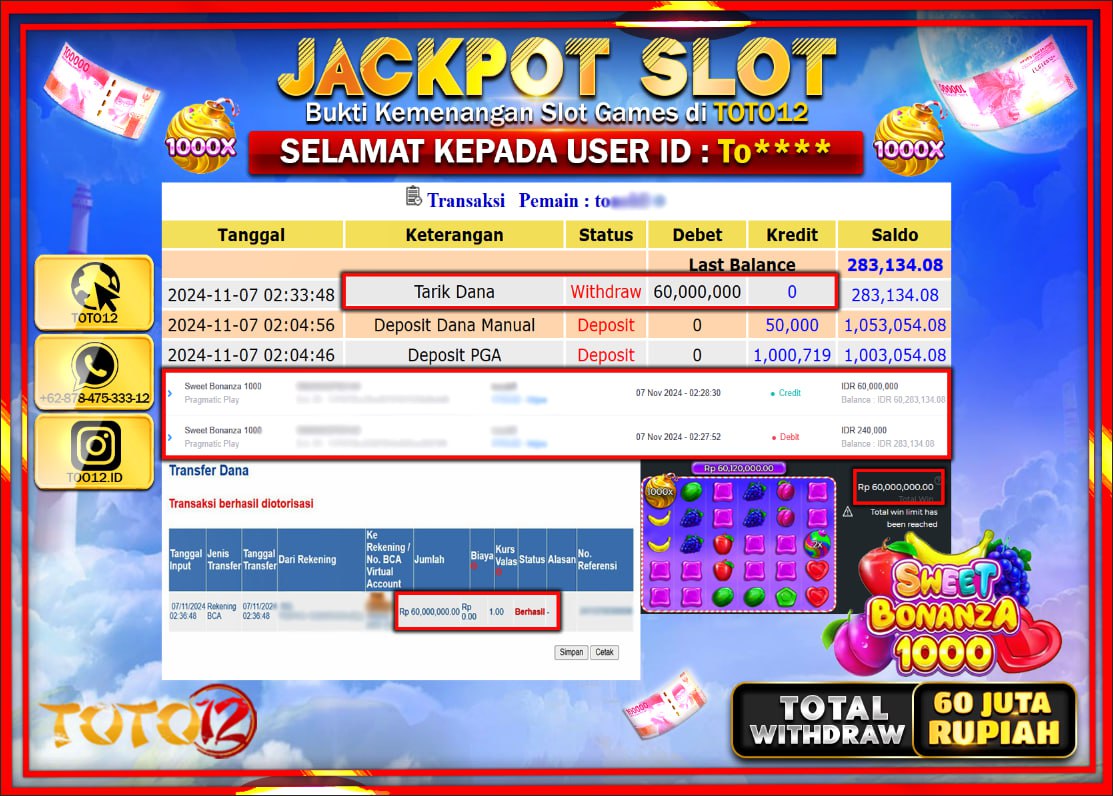 HANYA DI TOTO12 JP PASTI DI BAYAR LUNAS DAN CEPAT!!!!!! JACKPOT SLOT GAME (SWEET BONANZA 1000) Rp.60.000.000 !!!!
