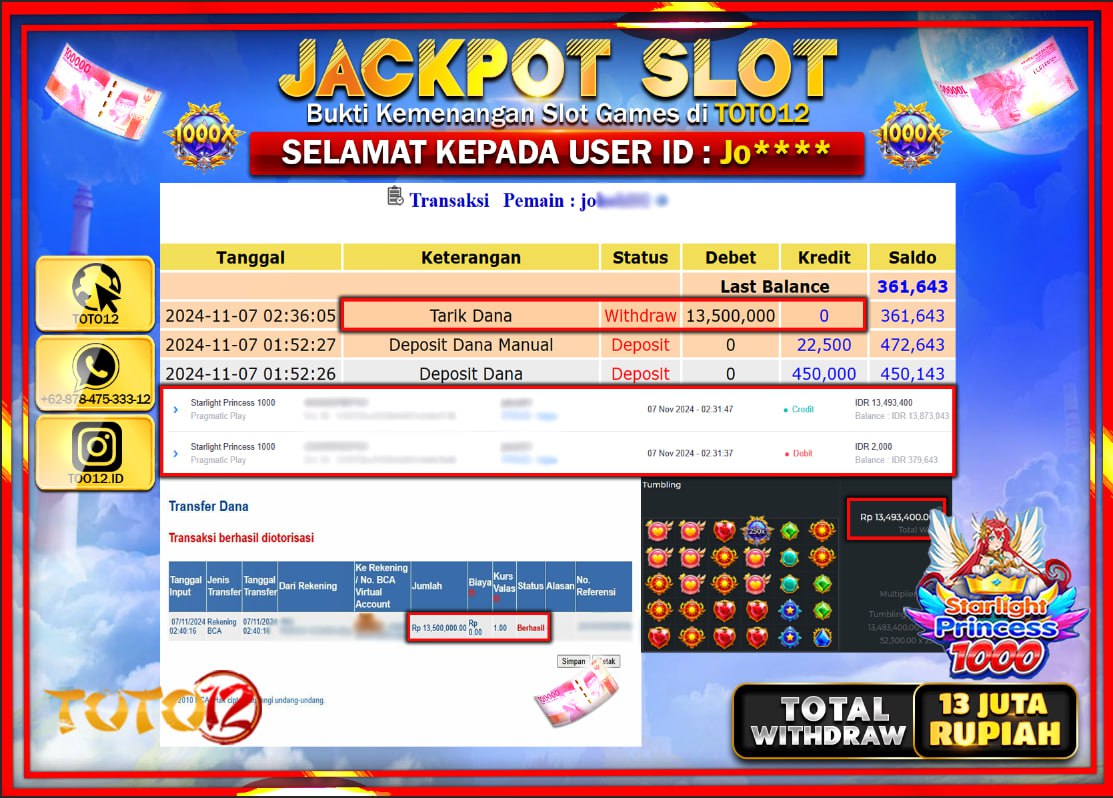 HANYA DI TOTO12 JP PASTI DI BAYAR LUNAS DAN CEPAT!!!!!! JACKPOT SLOT GAME (STARLIGHT PRINCESS 1000) Rp.13.000.000 !!!!