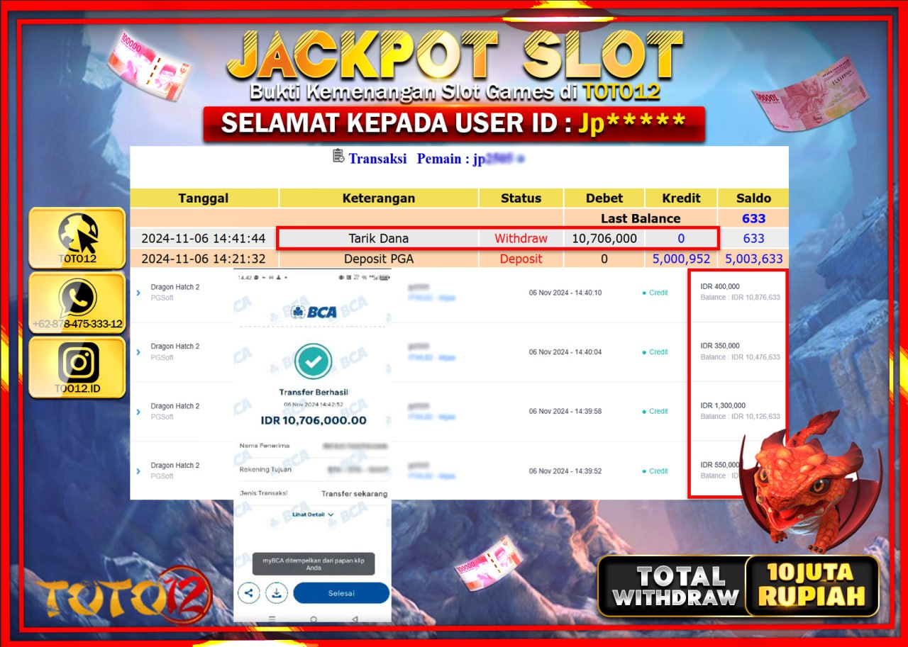 HANYA DI TOTO12 JP PASTI DI BAYAR LUNAS DAN CEPAT!!!!!! JACKPOT SLOT GAME (DRAGON HATCH 2) Rp.10.000.000 !!!!