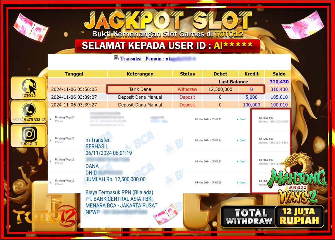 HANYA DI TOTO12 JP PASTI DI BAYAR LUNAS DAN CEPAT!!!!!! JACKPOT SLOT GAME (MAHJONG WAYS 2) Rp.12.000.000 !!!!