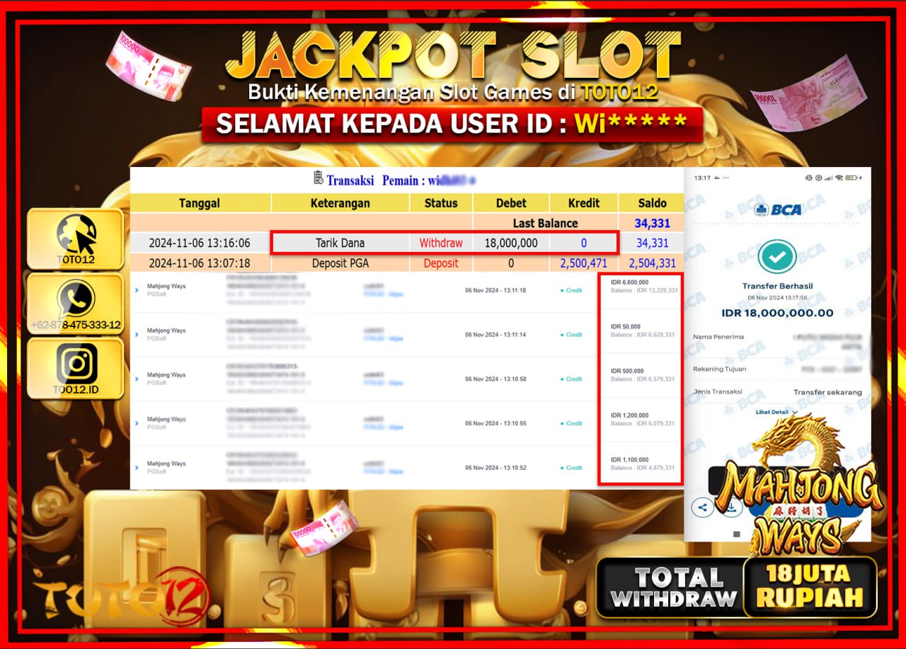 HANYA DI TOTO12 JP PASTI DI BAYAR LUNAS DAN CEPAT!!!!!! JACKPOT SLOT GAME (MAHJONG WAYS) Rp.18.000.000 !!!!